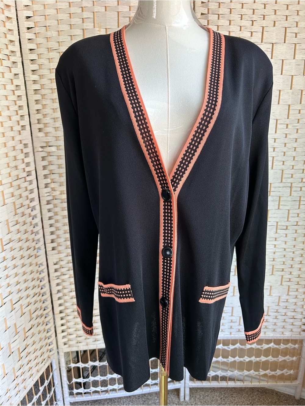 Vintage MISOOK XL Black Cardigan Sweater Top Coral Trim Button Down Pockets